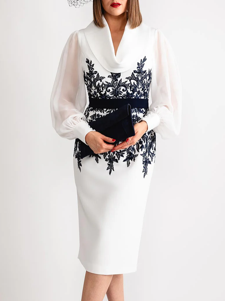 Elegant Paisley Balloon Sleeve Printing Midi Dress With Belt, Midi Dresses, color:White|size:XXL, Stylewe