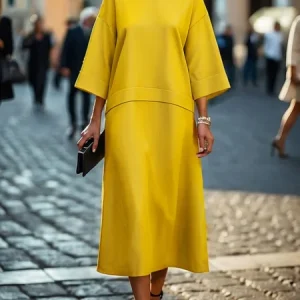 Urban Plain Three Quarter Sleeve Crew Neck Midi Dress, Midi Dresses, color:Yellow|size:XXL, Stylewe