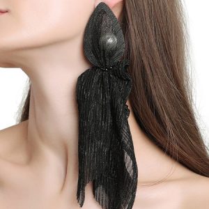 1pair Bohemian Imitation Pearl Fabric Tassel Earrings, Earrings, color:Black|size:One-size, Stylewe