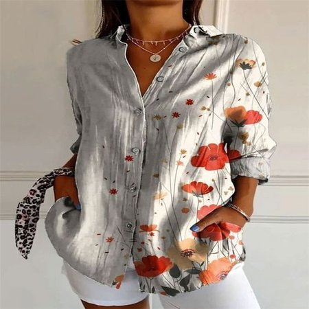 Women's Long Sleeve Shirt Spring/Fall Geometric Shirt Collar Daily Going Out Casual Top, JustFashionNow Blouses, color:Red|size:5XL,