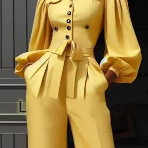 Urban Plain Shirt Collar Balloon Sleeve Shirt, Blouses and Shirts, color:Yellow|size:XXL, Stylewe