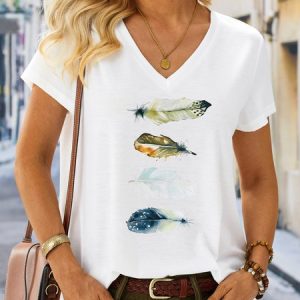 Feather Pattern V Neck Casual T-Shirt, T-shirts, color:White|size:3XL, catalog Noracora shop
