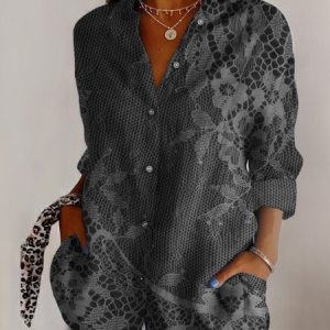 Shirt Collar Long Sleeve Geometric Regular Micro-Elasticity Regular Fit Shirt For Women, Shirts, color:Deep Gray|size:5XL, catalog Noracora shop