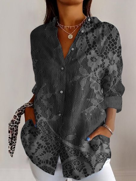 Women's Long Sleeve Shirt Spring/Fall Geometric Cotton Shirt Collar Daily Going Out Casual Top, JustFashionNow Blouses, color:Deep Gray|size:5XL,