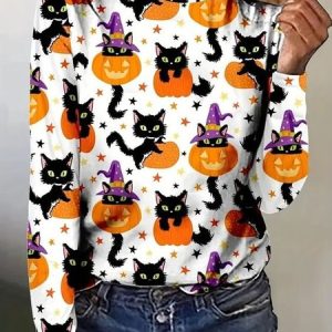 Casual Halloween Crew Neck Long Sleeve T-shirt, T-shirts, color:Multicolor|size:4XL, catalog Noracora shop