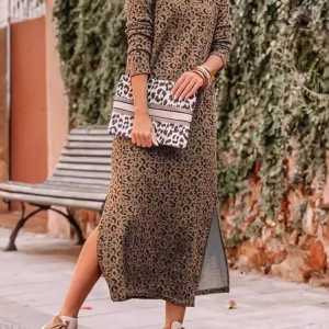 Women Leopard Crew Neck Long Sleeve Comfy Casual Midi Dress, Dresses, color:Khaki|size:XXL, catalog Noracora shop