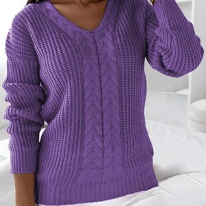 Women Yarn/Wool Yarn Plain Long Sleeve Comfy Casual Sweater, Sweaters, color:Purple|size:3XL, catalog Noracora shop