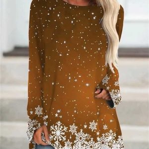 Casual Christmas Crew Neck Long Sleeve T-shirt, Blouses, color:Brown|size:5XL, catalog Noracora shop