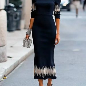 Regular Fit Stand Collar Abstract Graphic Regular Sleeve Urban Sweater Dress, Midi Dresses, color:As Picture|size:XXL, Stylewe