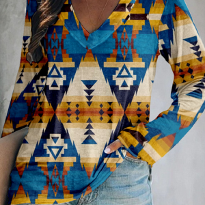 Vintage Ethnic Geometry V Neck Long Sleeve T-shirt, T-shirts, color:Multicolor|size:4XL, catalog Noracora shop
