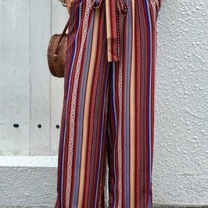 Casual Striped Long Pocket Stitching Pant, Pants, color:Wine Red|size:XL, catalog Noracora shop