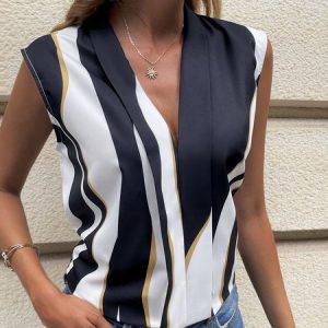 Abstract Stripes V Neck Printing Tank Top, Tanks & Camis, color:white-blue|size:XS, catalog Noracora shop