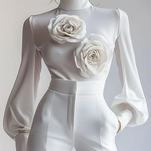 Elegant Plain 3D Floral Mock Neck Blouse, Blouses and Shirts, color:White|size:XXL, Stylewe