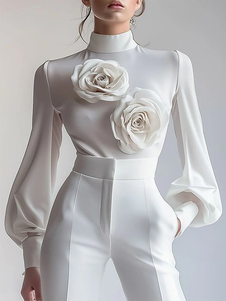 Elegant Plain 3D Floral Mock Neck Blouse, Blouses and Shirts, color:White|size:XXL, Stylewe
