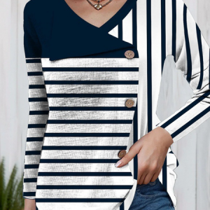 Long Sleeve Striped Regular Micro-Elasticity Loose Blouse For Women, Blouses, color:Blue|size:5XL, catalog Noracora shop