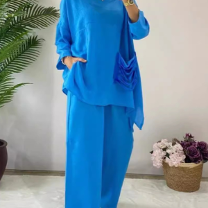 Women Plain Long Sleeve Comfy Casual Top With Pants Two-Piece Set, Sets, color:Blue|size:5XL, catalog Noracora shop