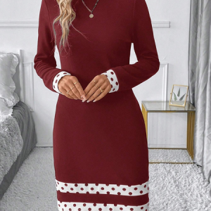 Women Multicolor Block Crew Neck Long Sleeve Comfy Vintage Mini Dress, Dresses, color:Red|size:XXL, catalog Noracora shop