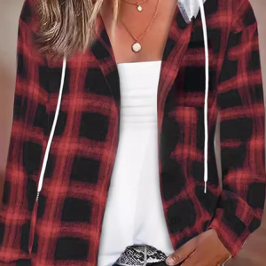 Shirt Collar Long Sleeve Plaid Regular Loose Shirt For Women, Outerwear, color:Red|size:XXL, catalog Noracora shop