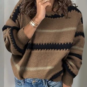 Women Yarn/Wool Yarn Striped Long Sleeve Comfy Casual Sweater, Sweaters, color:Brown|size:XL, catalog Noracora shop