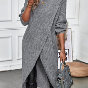 Crew Neck Long Sleeve Plain Regular Micro-Elasticity Loose Blouse For Women, Blouses, color:Gray|size:3XL, catalog Noracora shop