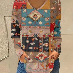 Vintage Color Block V Neck Long Sleeve T-shirt, T-shirts, color:Multicolor|size:XXL, catalog Noracora shop