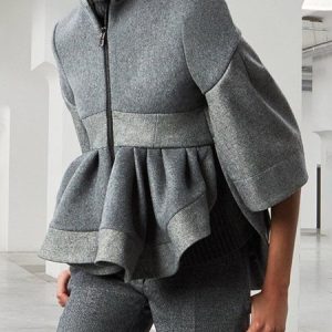 Puff Sleeve Urban Stand Collar Jacket, Jackets, color:Gray|size:XXL, Stylewe