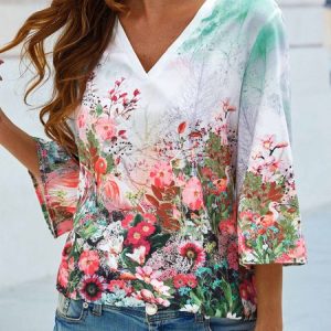 Floral V Neck Casual Top, Blouses, color:Multicolor|size:XXL, catalog Noracora shop
