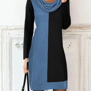 Women Color Block Turtleneck Long Sleeve Comfy Casual Mini Dress, Dresses, color:Blue|size:3XL, catalog Noracora shop