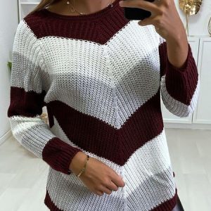 Women Yarn/Wool Yarn Geometric Long Sleeve Comfy Casual Sweater, Sweaters, color:Wine Red|size:XXL, catalog Noracora shop