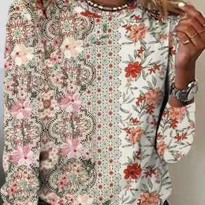 Crew Neck Floral Jersey Casual T-Shirt, Long sleeves, Lilicloth.com