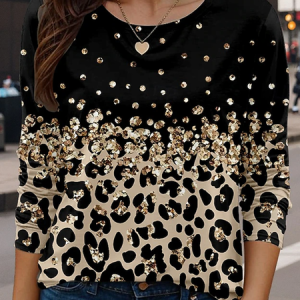 Casual Leopard Crew Neck Long Sleeve T-shirt, T-shirts, color:Black|size:XXL, catalog Noracora shop