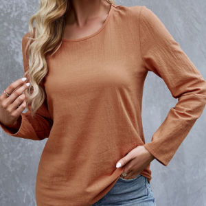Crew Neck Long Sleeve Plain Lace Regular Micro-Elasticity Loose Blouse For Women, Blouses, color:Orange|size:XXL, catalog Noracora shop
