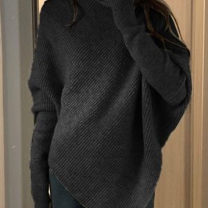 Women Yarn/Wool Yarn Plain Long Sleeve Comfy Casual Sweater, Sweaters, color:Black|size:One-size, catalog Noracora shop