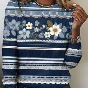 Vintage striped floral color blocked long sleeved T-shirt, Long sleeves, Lilicloth.com