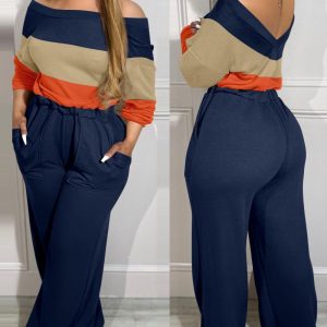 Colorblock Off Shoulder Long Sleeve Jumpsuit V-Back Stretchy Waist Pocket Design Romper, women Jumpsuits, ChicMe catalog