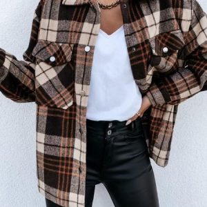 Women's Plaid Buckle Regular Loose Jacket, Outerwear, color:Brown|size:XXL, catalog Noracora shop