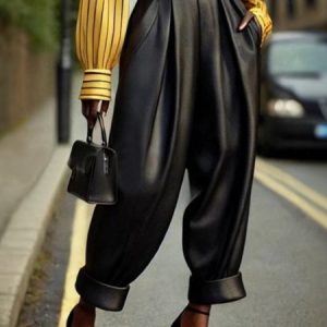 Pu  Plain Urban Faux Leather Pants, Leather Pants, color:Black|size:XXL, Stylewe