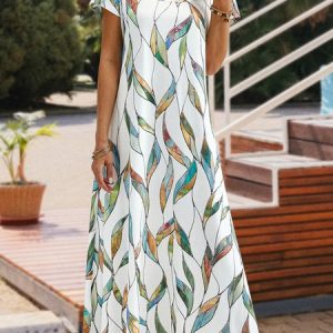 Printed Casual Square Neck Short Sleeve Dresses, Maxi, color:White|size:XXL, catalog Noracora shop