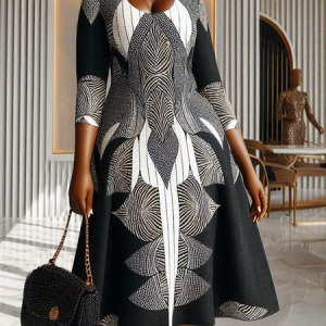 Urban Ethnic Geometry Printing Midi Dress, Midi Dresses, color:Black|size:XXL, Stylewe