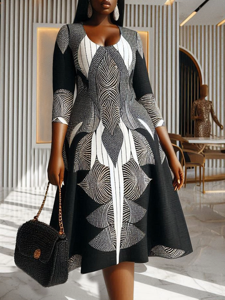 Urban Ethnic Geometry Printing Midi Dress, Midi Dresses, color:Black|size:XXL, Stylewe