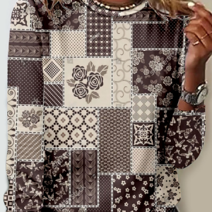 Casual Geometric Crew Neck Long Sleeve T-shirt, T-shirts, color:Khaki|size:4XL, catalog Noracora shop