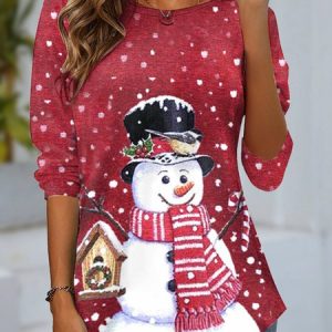 Casual Christmas Crew Neck Long Sleeve T-shirt, Blouses, color:Red|size:XXL, catalog Noracora shop