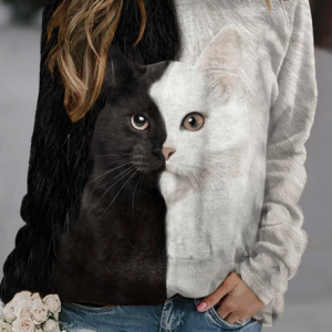 Casual Hoodie Black And White Cat Pattern Hoodie, Hoodies & Sweatshirts, color:Black|size:5XL, catalog Noracora shop