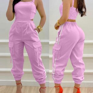 Contrast Paneled Square Neck Sleeveless Jumpsuit Casual Shirred Pocket Design Cargo Romper, women Jumpsuits, ChicMe catalog