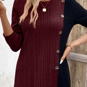 Crew Neck Long Sleeve Color Block Regular Micro-Elasticity Loose Blouse For Women, Blouses, color:Red|size:XXL, catalog Noracora shop