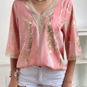 Loose Random Print V Neck Casual Shirt, Blouses, color:Green|size:XXL, catalog Noracora shop