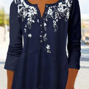 Crew Neck Long Sleeve Floral Regular Micro-Elasticity Loose Blouse For Women, Blouses, color:Navyblue|size:XXL, catalog Noracora shop