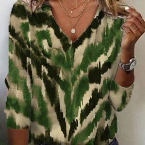 Leopard Print Long Sleeve V-Neck T-shirt, Long sleeves, Lilicloth.com