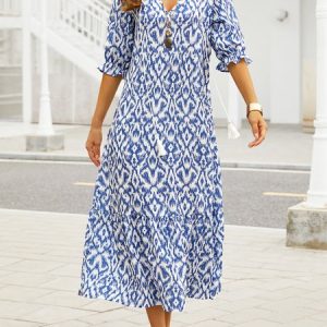 Casual V Neck Geometric Printed Dress, Maxi, color:Blue|size:XS, catalog Noracora shop