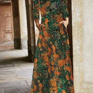 Women's Long Sleeve Spring/Fall Abstract Dress V Neck Daily Going Out Casual Maxi T-Shirt Dress A-Line Dress, JustFashionNow Dresses, color:Green|size:XXL,